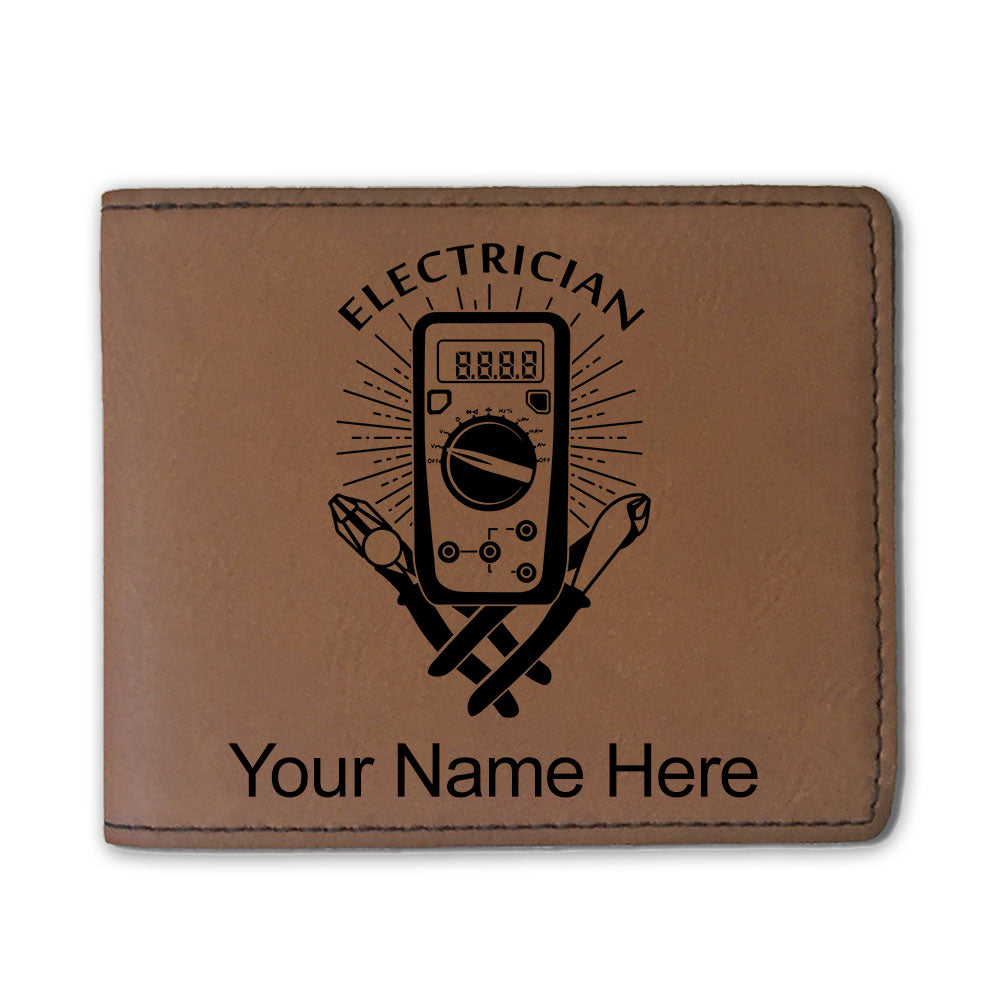 Faux Leather Bi-Fold Wallet, Electrician, Personalized Engraving Included