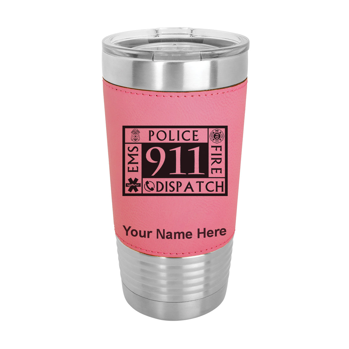 20oz Faux Leather Tumbler Mug, Emergency Dispatcher 911, Personalized Engraving Included - LaserGram Custom Engraved Gifts