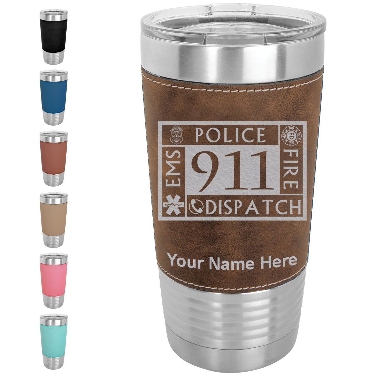 20oz Faux Leather Tumbler Mug, Emergency Dispatcher 911, Personalized Engraving Included - LaserGram Custom Engraved Gifts