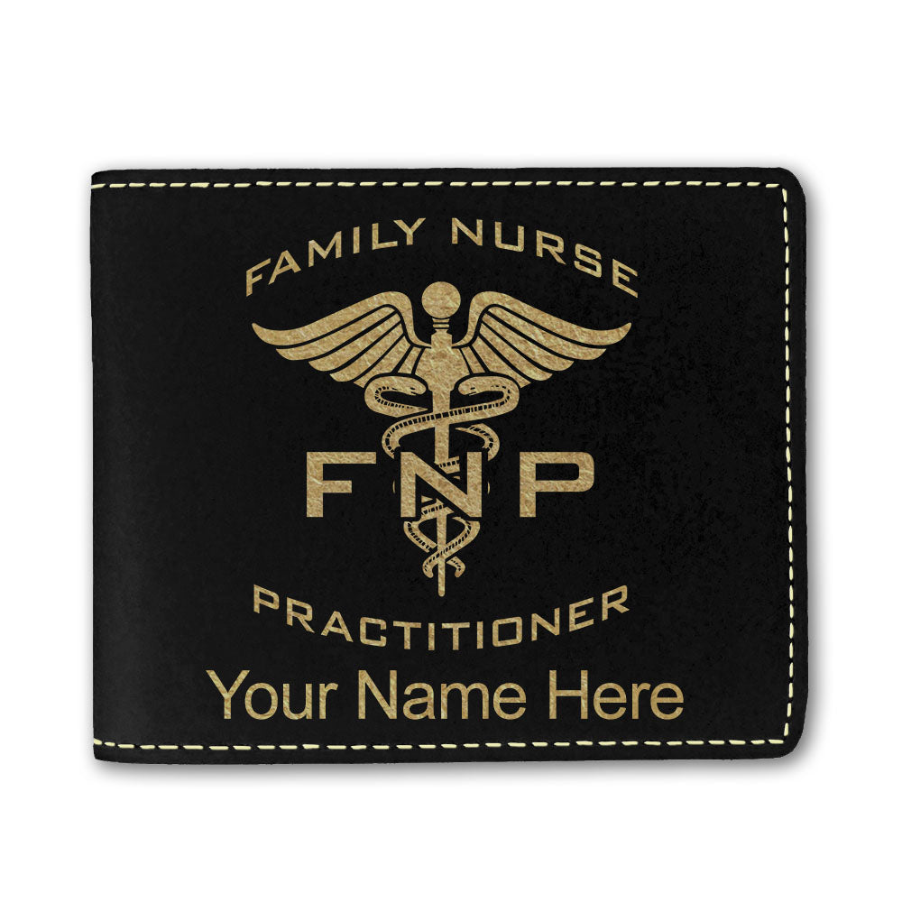 Faux Leather Bi-Fold Wallet, FNP Family Nurse Practitioner, Personalized Engraving Included