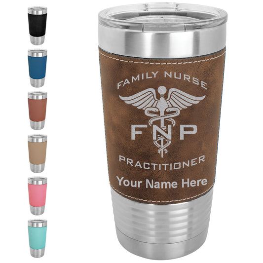 20oz Faux Leather Tumbler Mug, FNP Family Nurse Practitioner, Personalized Engraving Included - LaserGram Custom Engraved Gifts