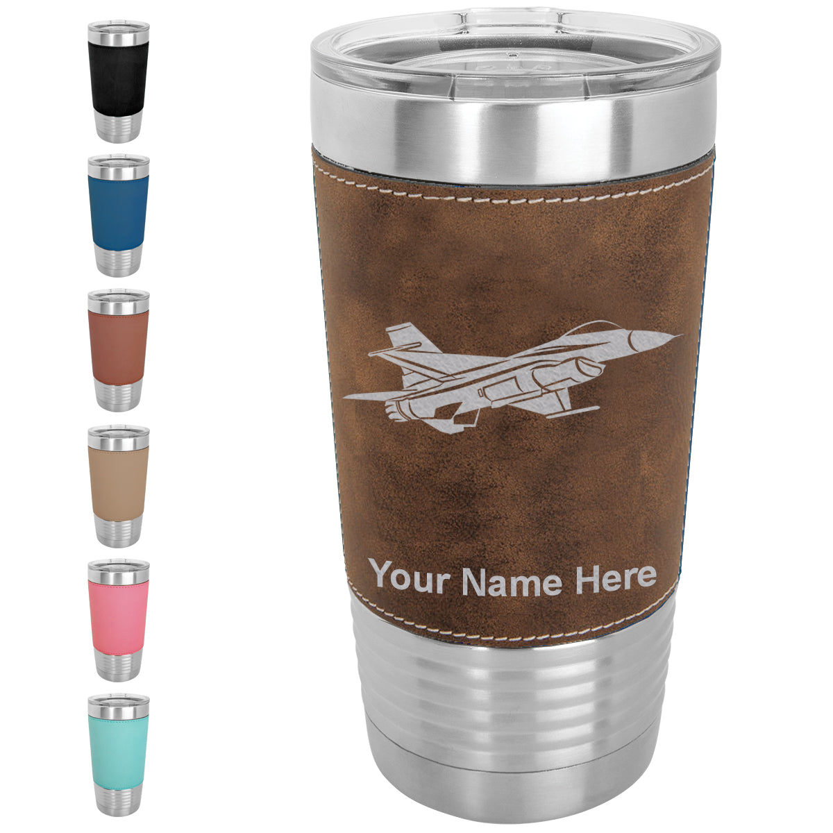 20oz Faux Leather Tumbler Mug, Fighter Jet 1, Personalized Engraving Included - LaserGram Custom Engraved Gifts