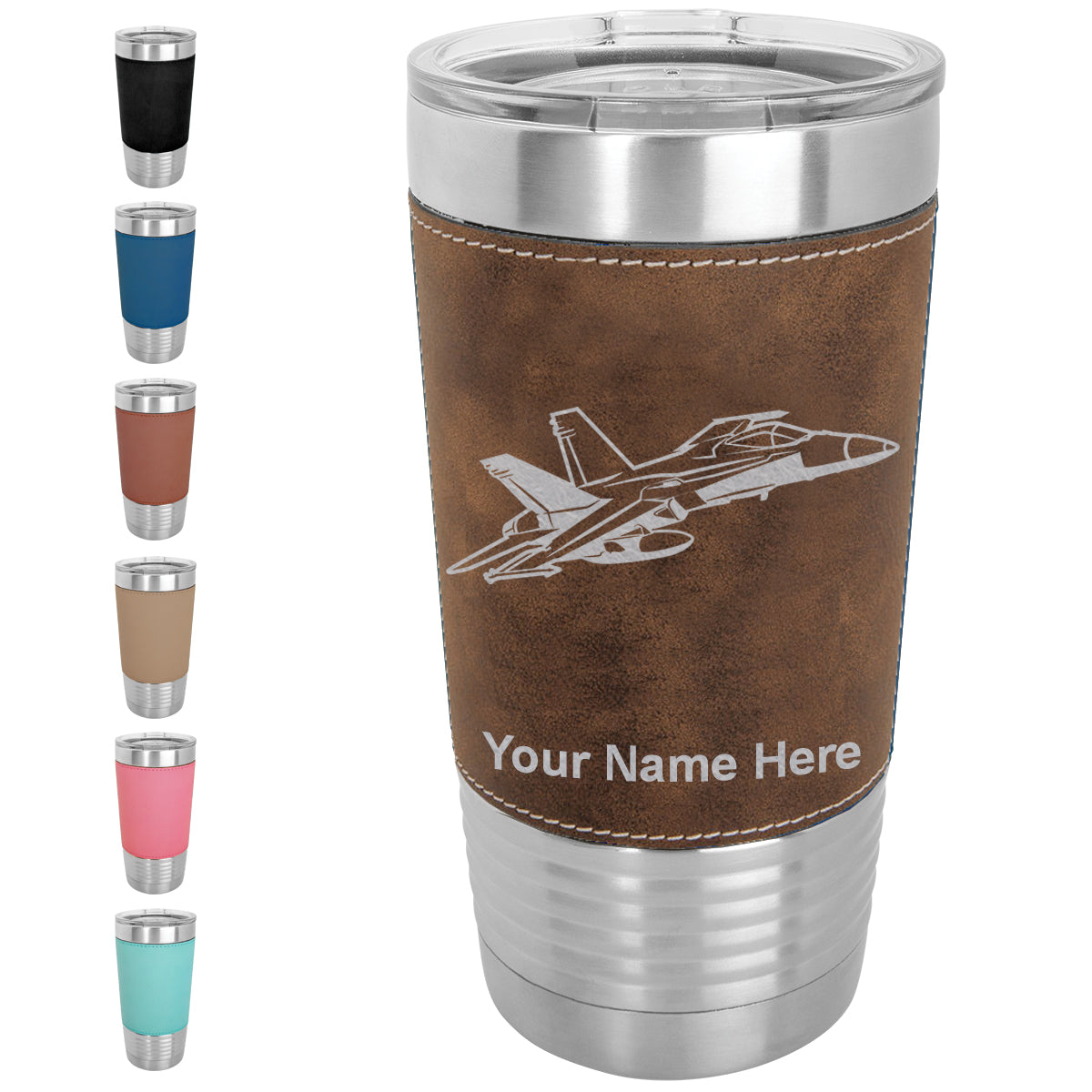 20oz Faux Leather Tumbler Mug, Fighter Jet 2, Personalized Engraving Included - LaserGram Custom Engraved Gifts