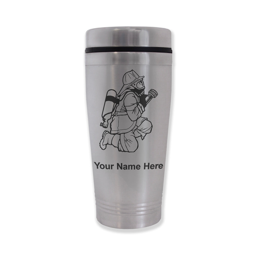 Commuter Travel Mug, Fireman with Hose, Personalized Engraving Included