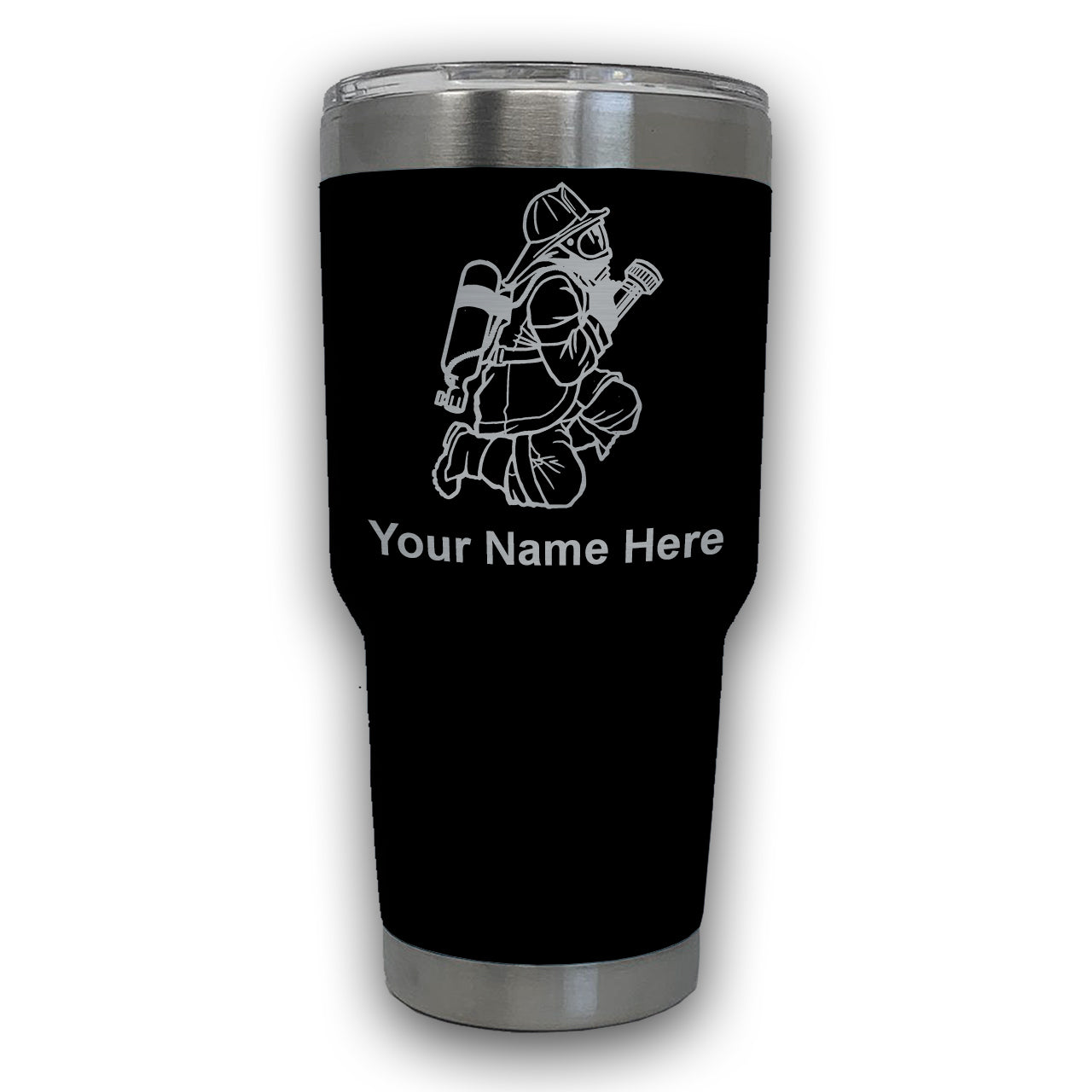 LaserGram 30oz Tumbler Mug, Fireman with Hose, Personalized Engraving Included