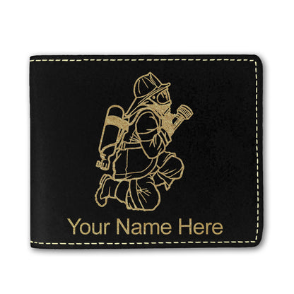 Faux Leather Bi-Fold Wallet, Fireman with Hose, Personalized Engraving Included