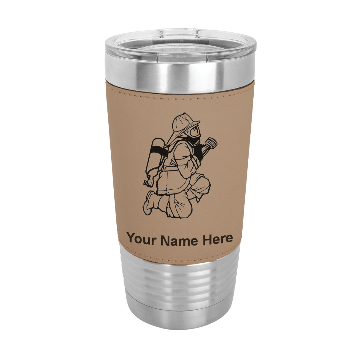 20oz Faux Leather Tumbler Mug, Fireman with Hose, Personalized Engraving Included - LaserGram Custom Engraved Gifts