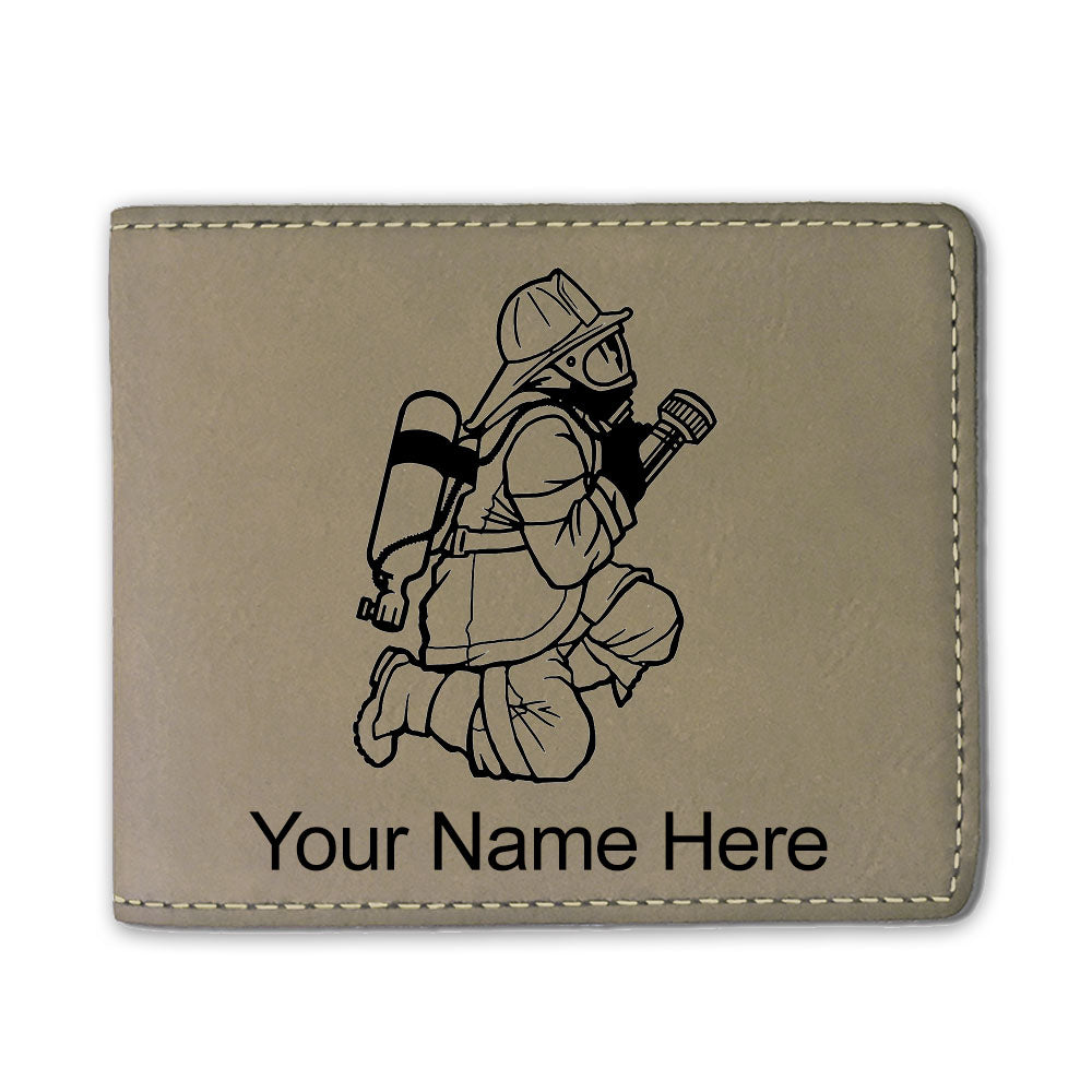 Faux Leather Bi-Fold Wallet, Fireman with Hose, Personalized Engraving Included