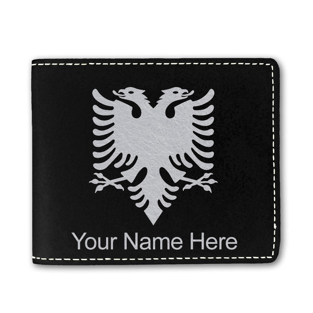 Faux Leather Bi-Fold Wallet, Flag of Albania, Personalized Engraving Included