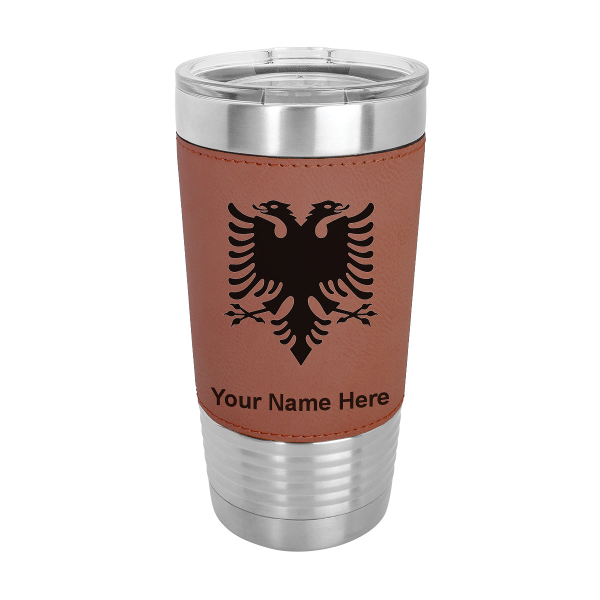20oz Faux Leather Tumbler Mug, Flag of Albania, Personalized Engraving Included - LaserGram Custom Engraved Gifts