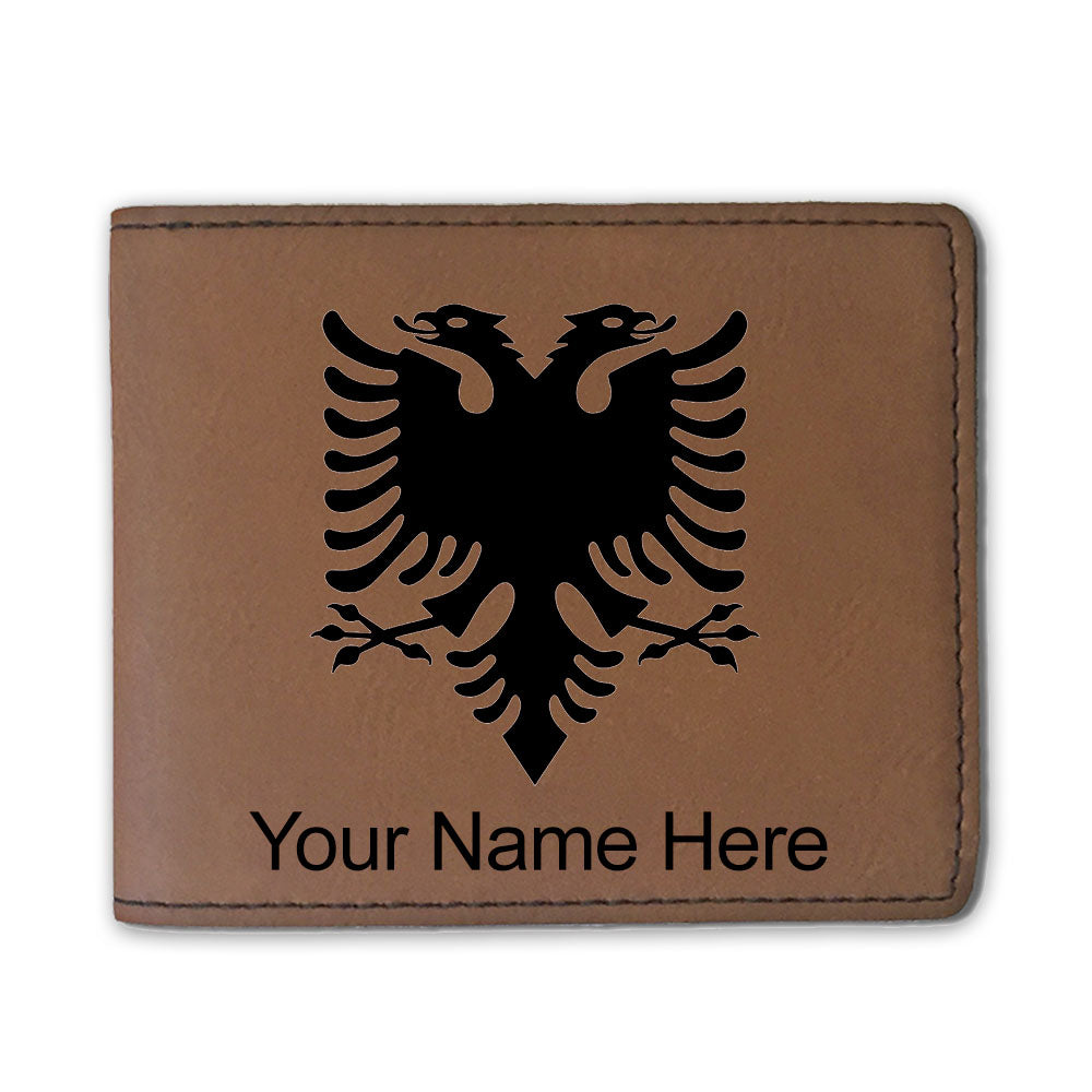 Faux Leather Bi-Fold Wallet, Flag of Albania, Personalized Engraving Included