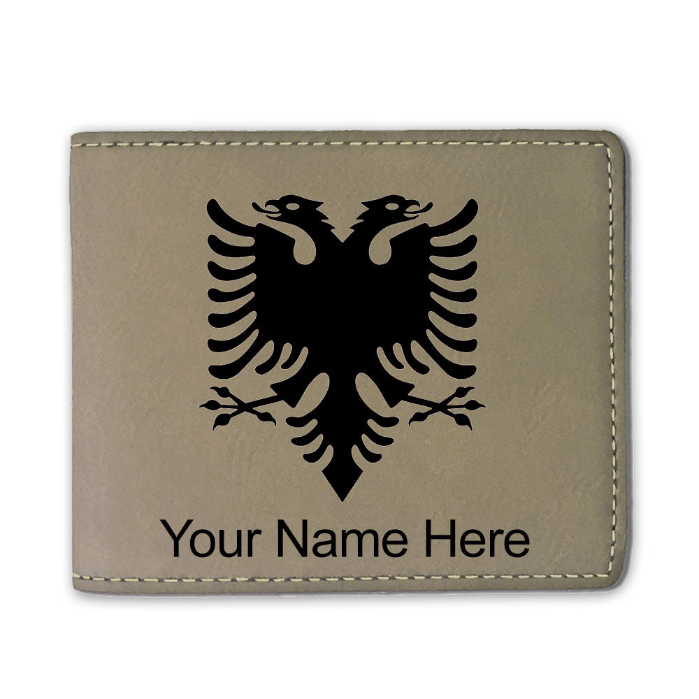 Faux Leather Bi-Fold Wallet, Flag of Albania, Personalized Engraving Included