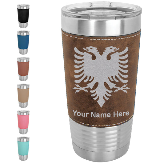 20oz Faux Leather Tumbler Mug, Flag of Albania, Personalized Engraving Included - LaserGram Custom Engraved Gifts