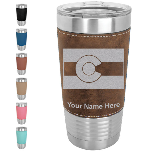 20oz Faux Leather Tumbler Mug, Flag of Colorado, Personalized Engraving Included - LaserGram Custom Engraved Gifts