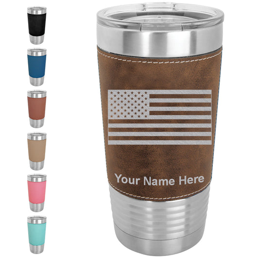 20oz Faux Leather Tumbler Mug, Flag of the United States, Personalized Engraving Included - LaserGram Custom Engraved Gifts