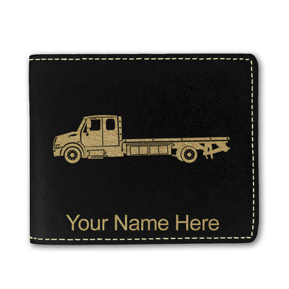 Faux Leather Bi-Fold Wallet, Flat Bed Tow Truck, Personalized Engraving Included