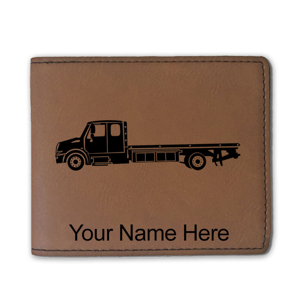 Faux Leather Bi-Fold Wallet, Flat Bed Tow Truck, Personalized Engraving Included