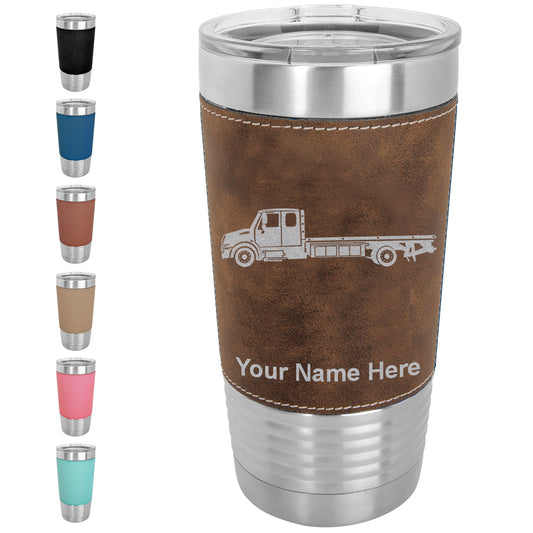 20oz Faux Leather Tumbler Mug, Flat Bed Tow Truck, Personalized Engraving Included - LaserGram Custom Engraved Gifts