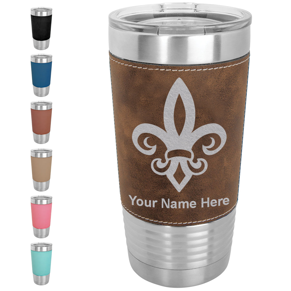 20oz Faux Leather Tumbler Mug, Fleur de Lis, Personalized Engraving Included - LaserGram Custom Engraved Gifts