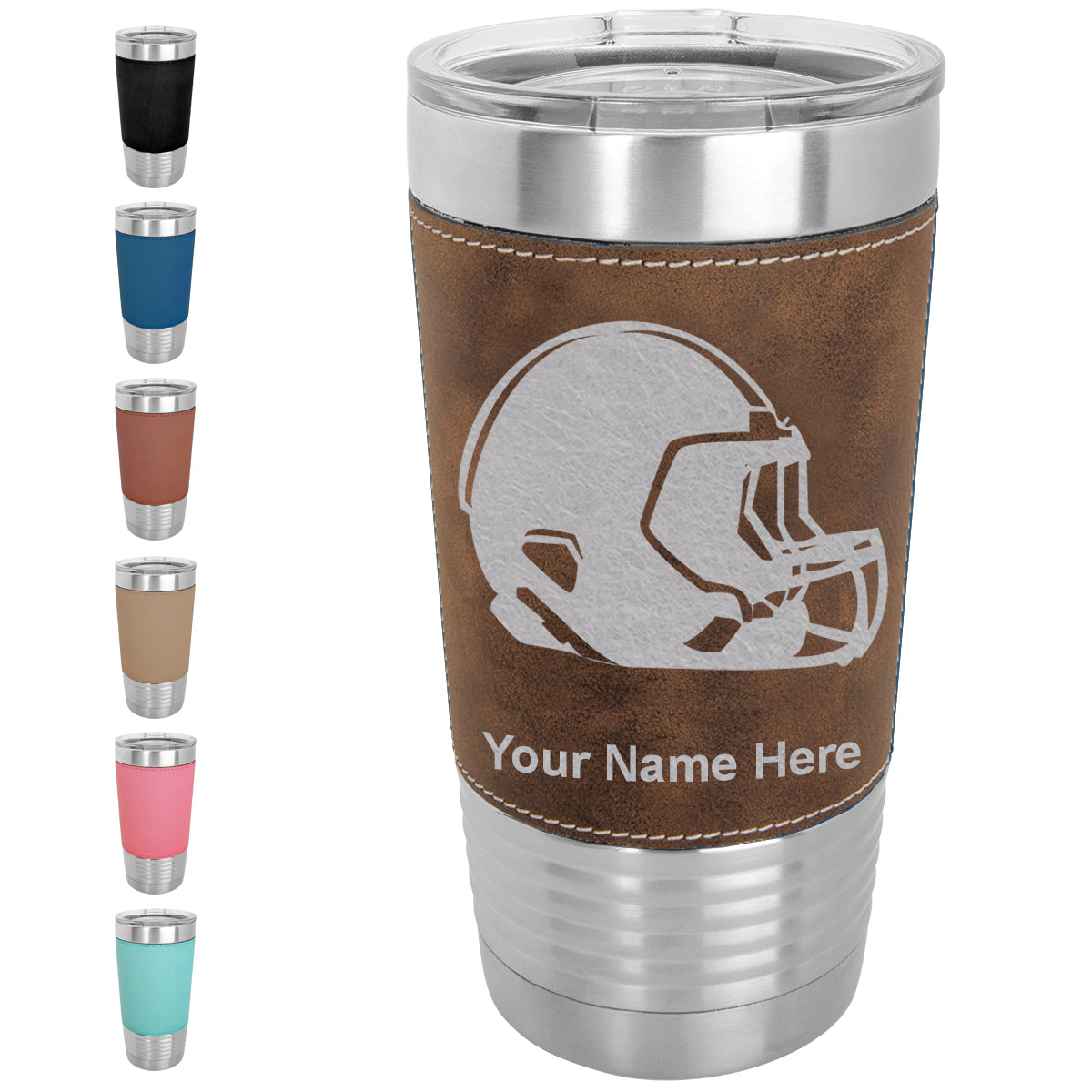 20oz Faux Leather Tumbler Mug, Football Helmet, Personalized Engraving Included - LaserGram Custom Engraved Gifts