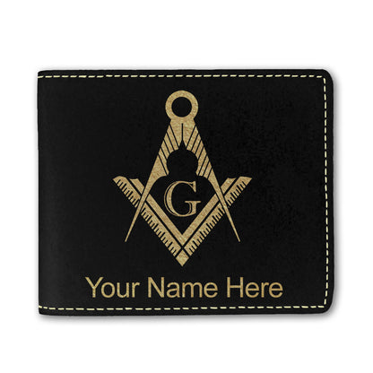 Faux Leather Bi-Fold Wallet, Freemason Symbol, Personalized Engraving Included