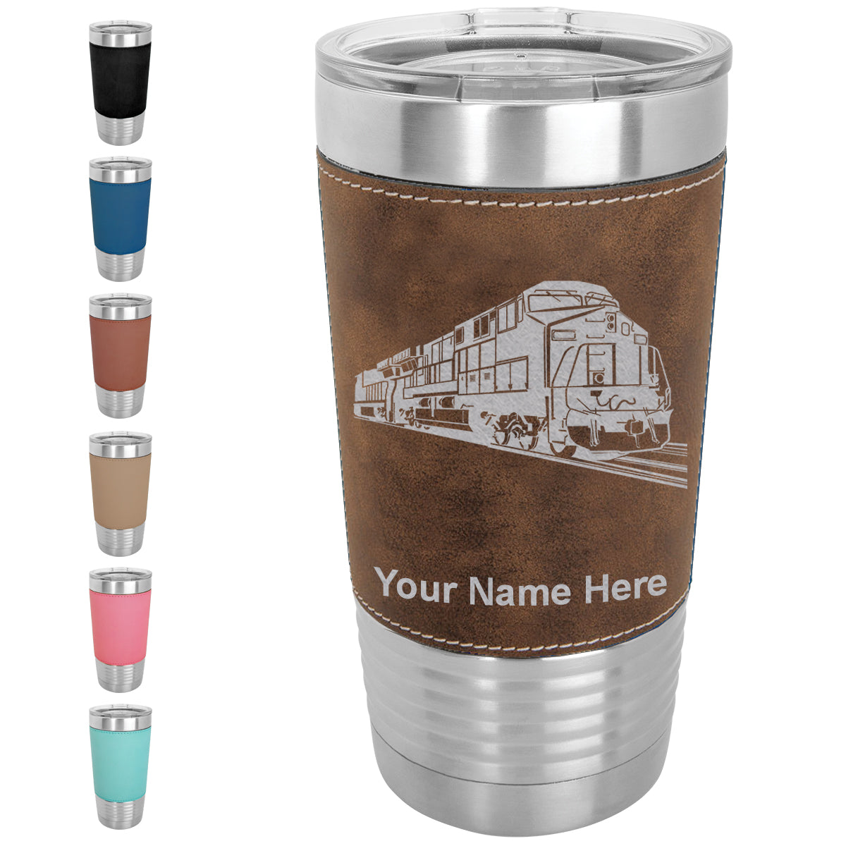 20oz Faux Leather Tumbler Mug, Freight Train, Personalized Engraving Included - LaserGram Custom Engraved Gifts