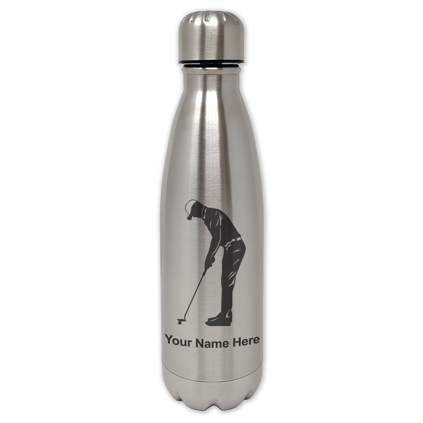 LaserGram Single Wall Water Bottle, Golfer Putting, Personalized Engraving Included