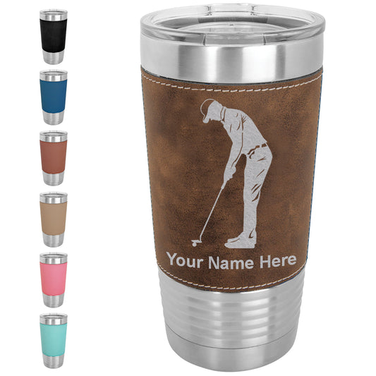 20oz Faux Leather Tumbler Mug, Golfer Putting, Personalized Engraving Included - LaserGram Custom Engraved Gifts