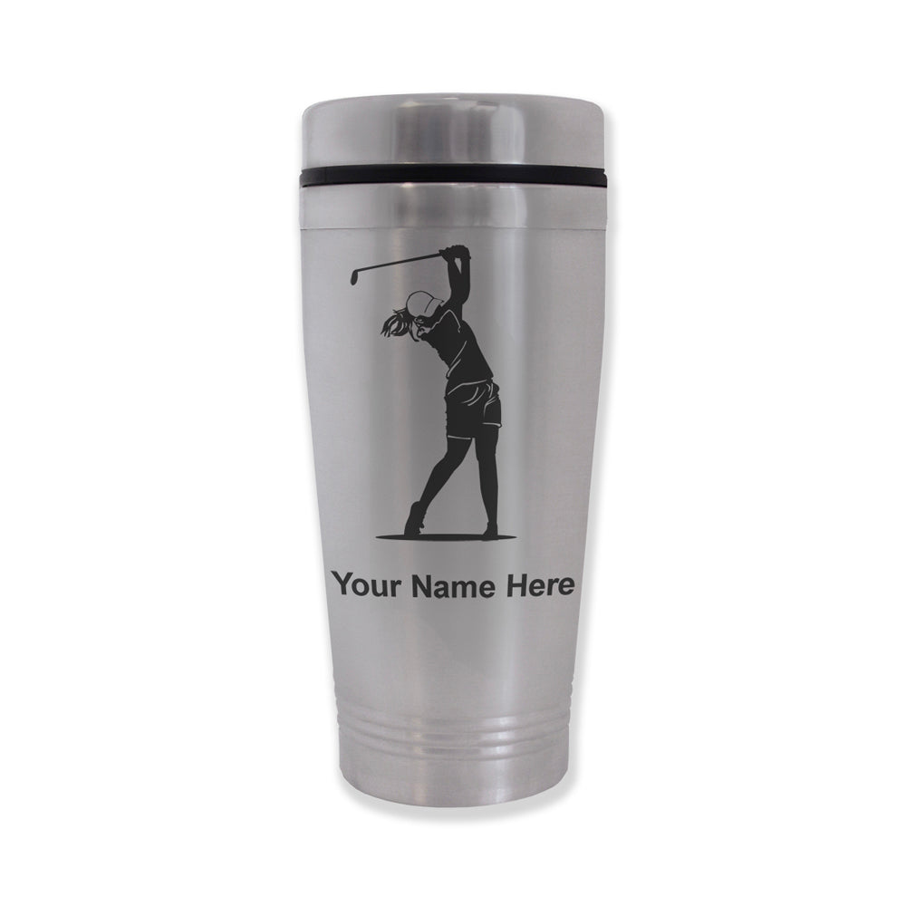 Commuter Travel Mug, Golfer Woman, Personalized Engraving Included