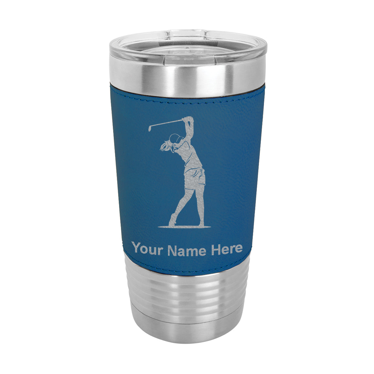 20oz Faux Leather Tumbler Mug, Golfer Woman, Personalized Engraving Included - LaserGram Custom Engraved Gifts