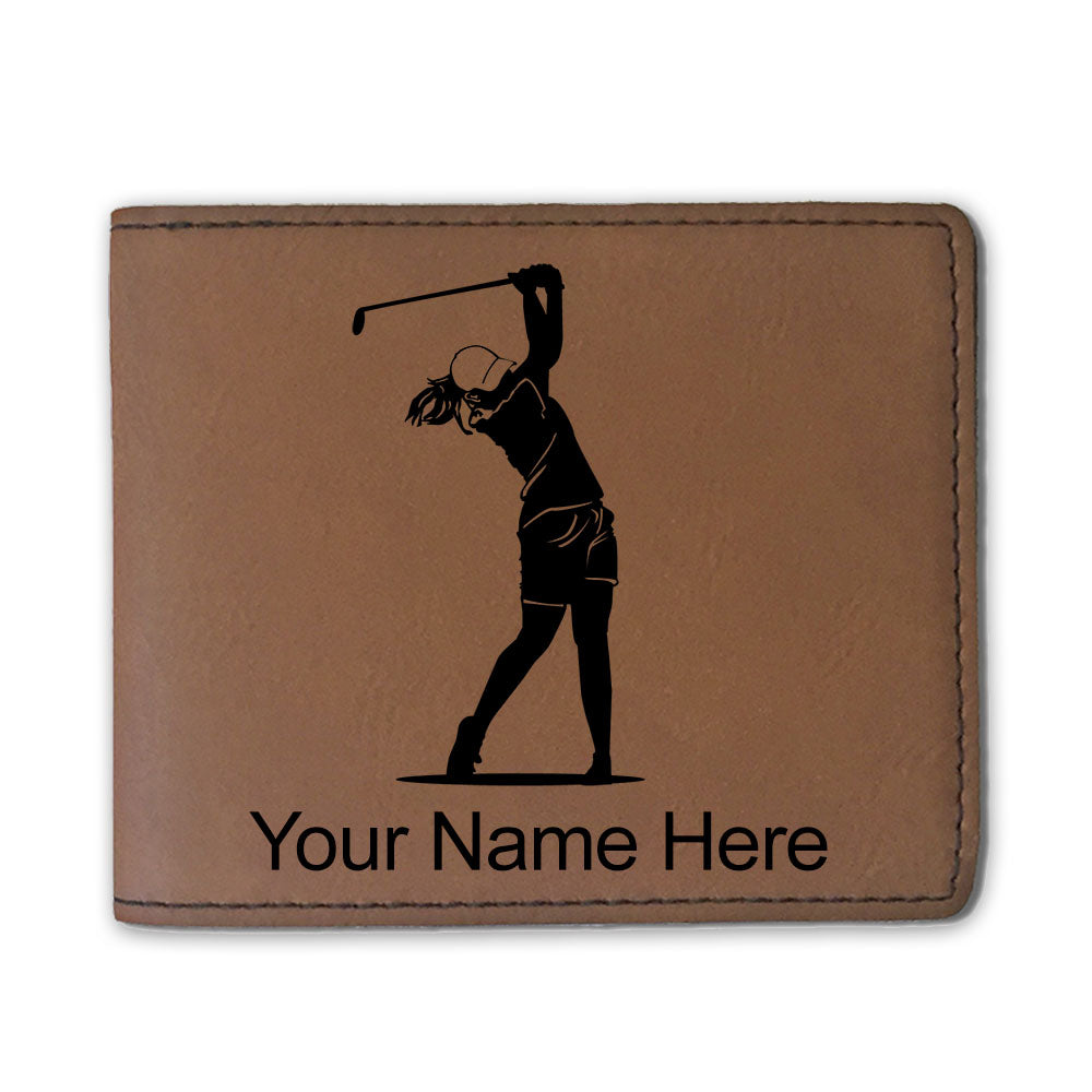 Faux Leather Bi-Fold Wallet, Golfer Woman, Personalized Engraving Included