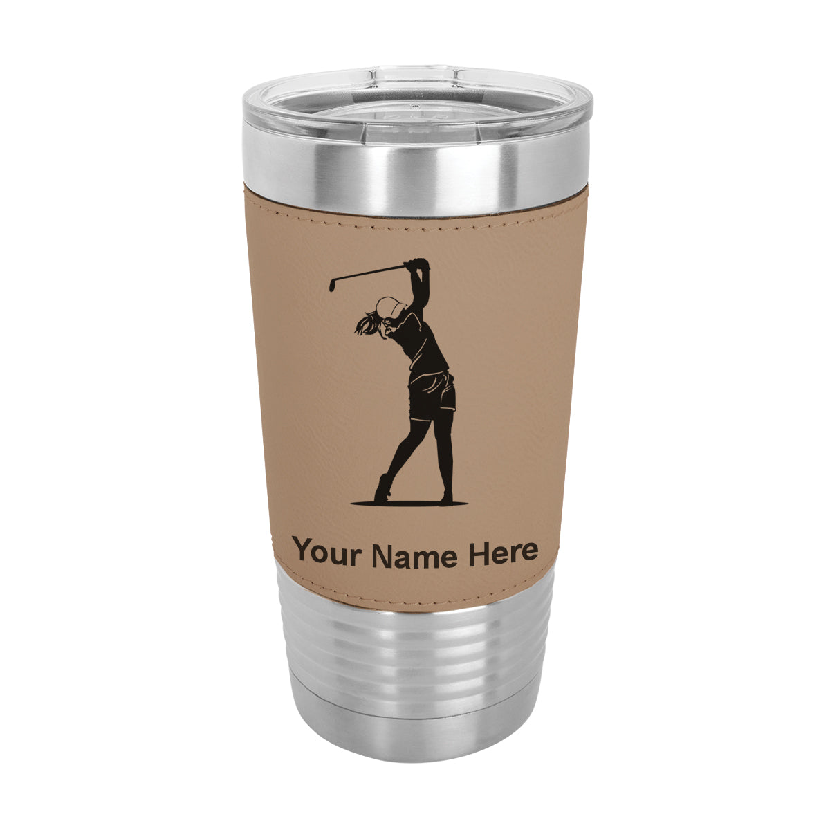 20oz Faux Leather Tumbler Mug, Golfer Woman, Personalized Engraving Included - LaserGram Custom Engraved Gifts