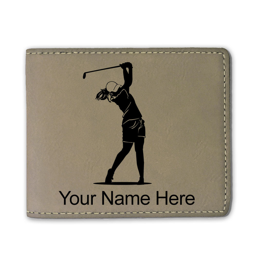 Faux Leather Bi-Fold Wallet, Golfer Woman, Personalized Engraving Included