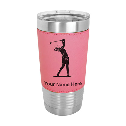 20oz Faux Leather Tumbler Mug, Golfer Woman, Personalized Engraving Included - LaserGram Custom Engraved Gifts