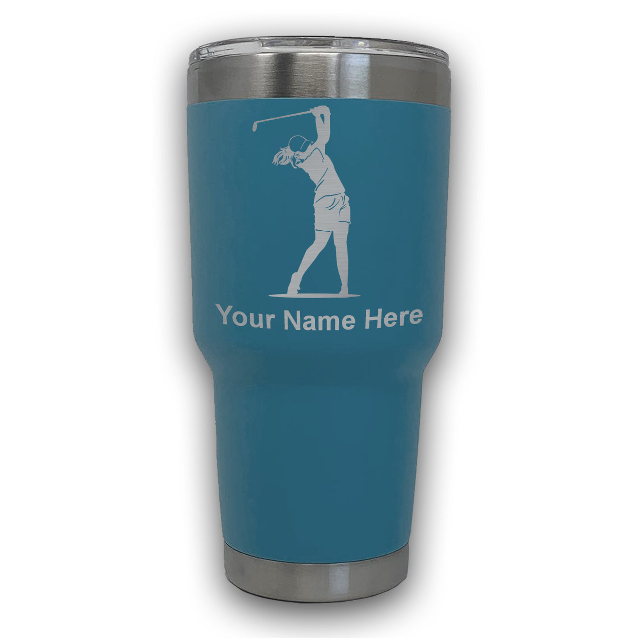 LaserGram 30oz Tumbler Mug, Golfer Woman, Personalized Engraving Included