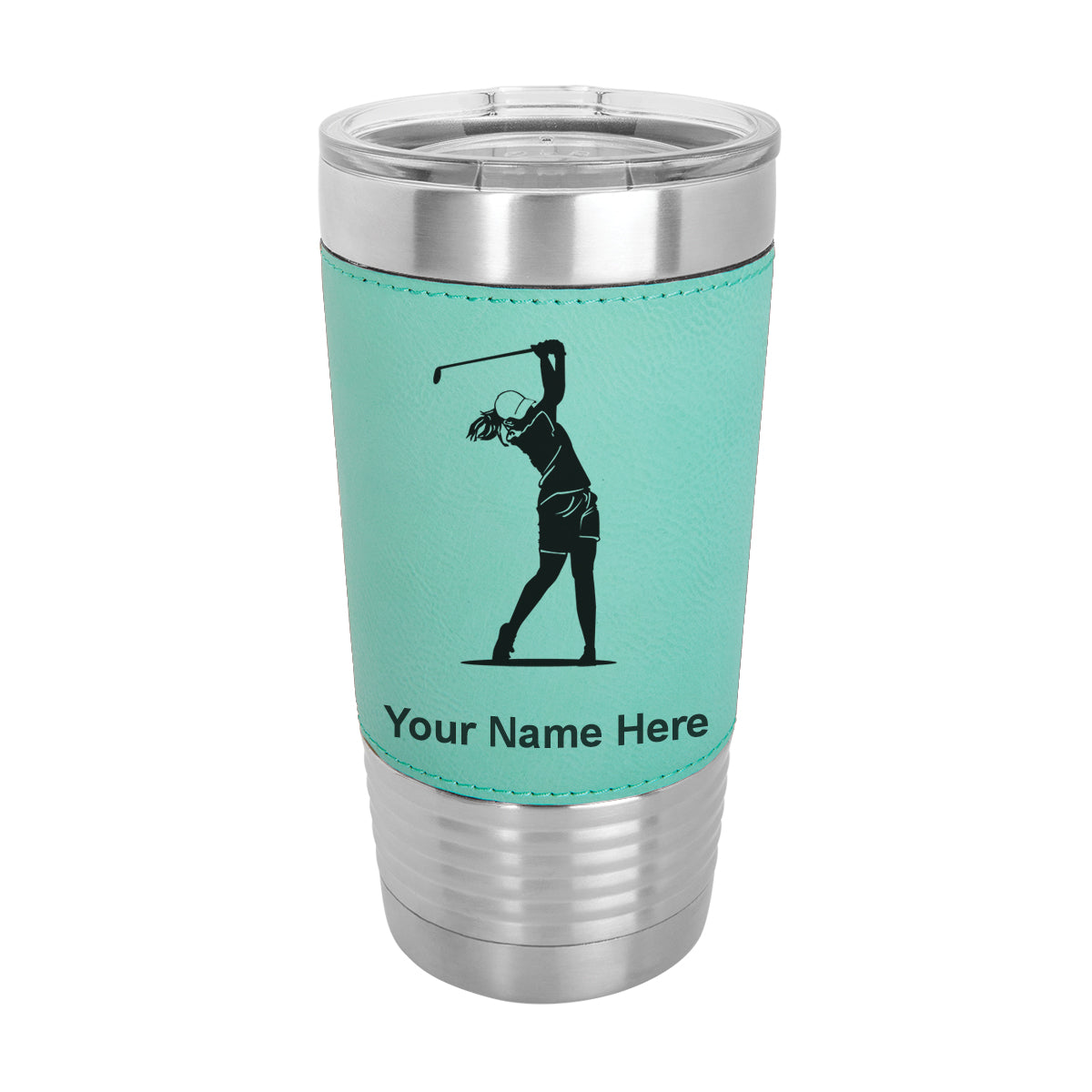 20oz Faux Leather Tumbler Mug, Golfer Woman, Personalized Engraving Included - LaserGram Custom Engraved Gifts