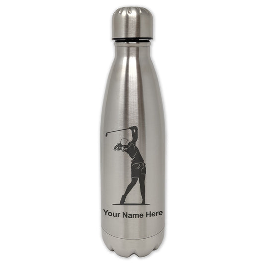 LaserGram Single Wall Water Bottle, Golfer Woman, Personalized Engraving Included