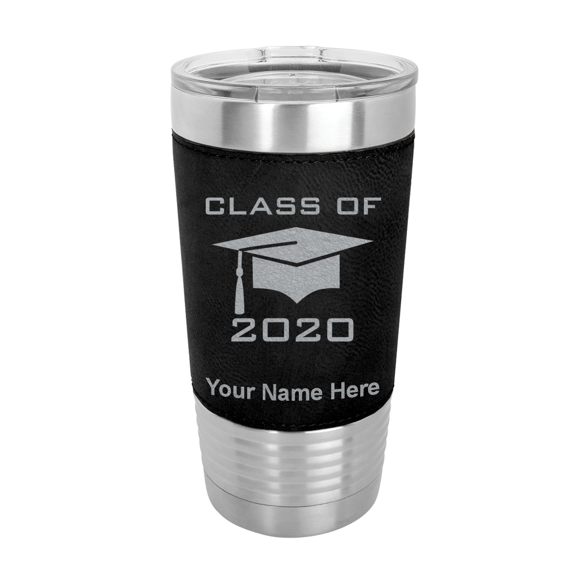 20oz Faux Leather Tumbler Mug, Grad Cap Class of 2020, 2021, 2022, 2023 2024, 2025, Personalized Engraving Included - LaserGram Custom Engraved Gifts