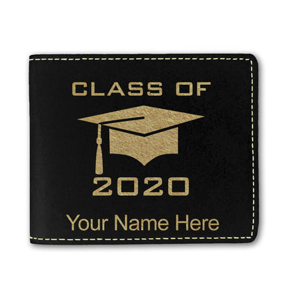 Faux Leather Bi-Fold Wallet, Grad Cap Class of 2020, 2021, 2022, 2023, 2024, 2025, Personalized Engraving Included