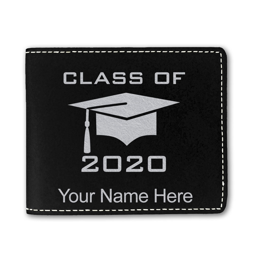 Faux Leather Bi-Fold Wallet, Grad Cap Class of 2020, 2021, 2022, 2023, 2024, 2025, Personalized Engraving Included