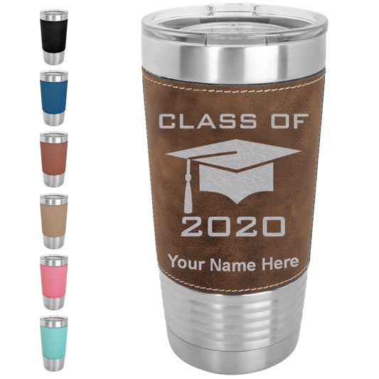 20oz Faux Leather Tumbler Mug, Grad Cap Class of 2020, 2021, 2022, 2023 2024, 2025, Personalized Engraving Included - LaserGram Custom Engraved Gifts