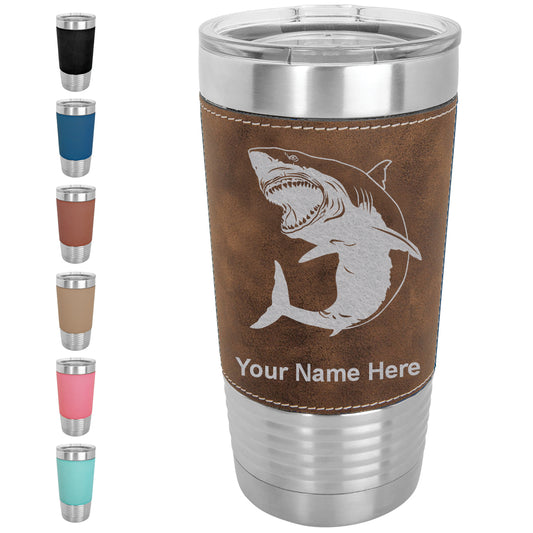 20oz Faux Leather Tumbler Mug, Great White Shark, Personalized Engraving Included - LaserGram Custom Engraved Gifts