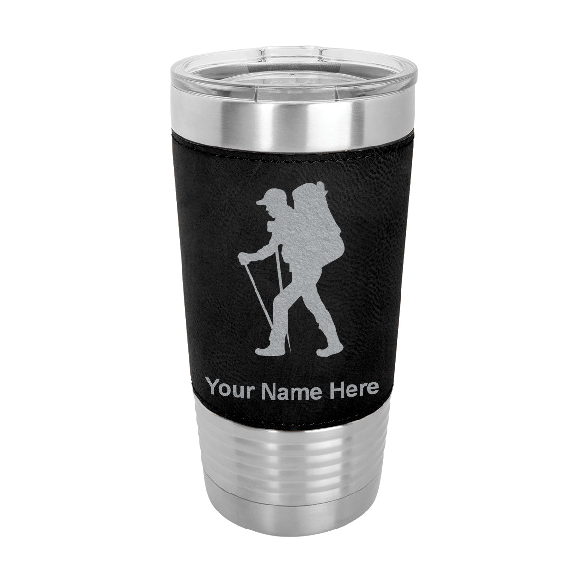 20oz Faux Leather Tumbler Mug, Hiker Man, Personalized Engraving Included - LaserGram Custom Engraved Gifts