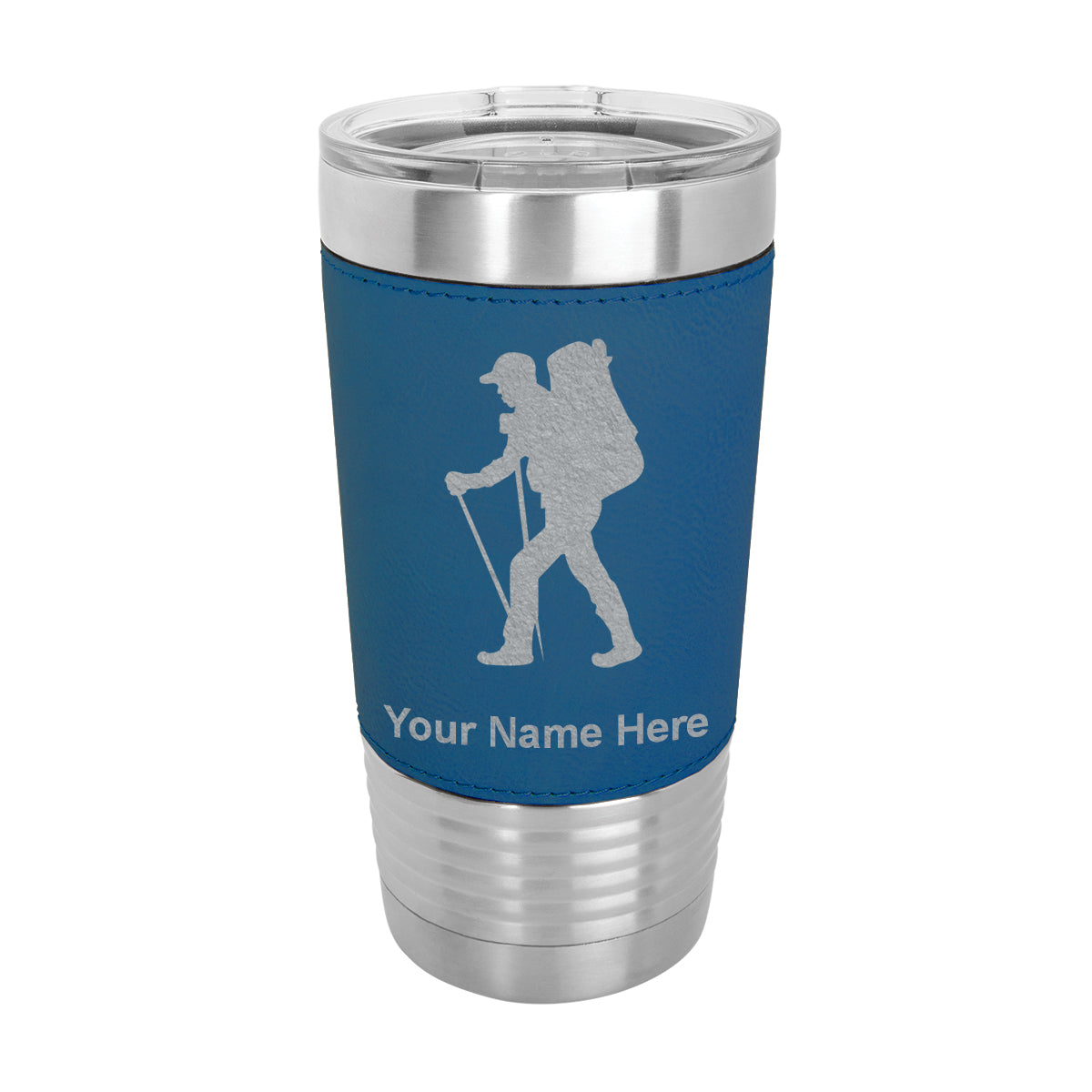 20oz Faux Leather Tumbler Mug, Hiker Man, Personalized Engraving Included - LaserGram Custom Engraved Gifts