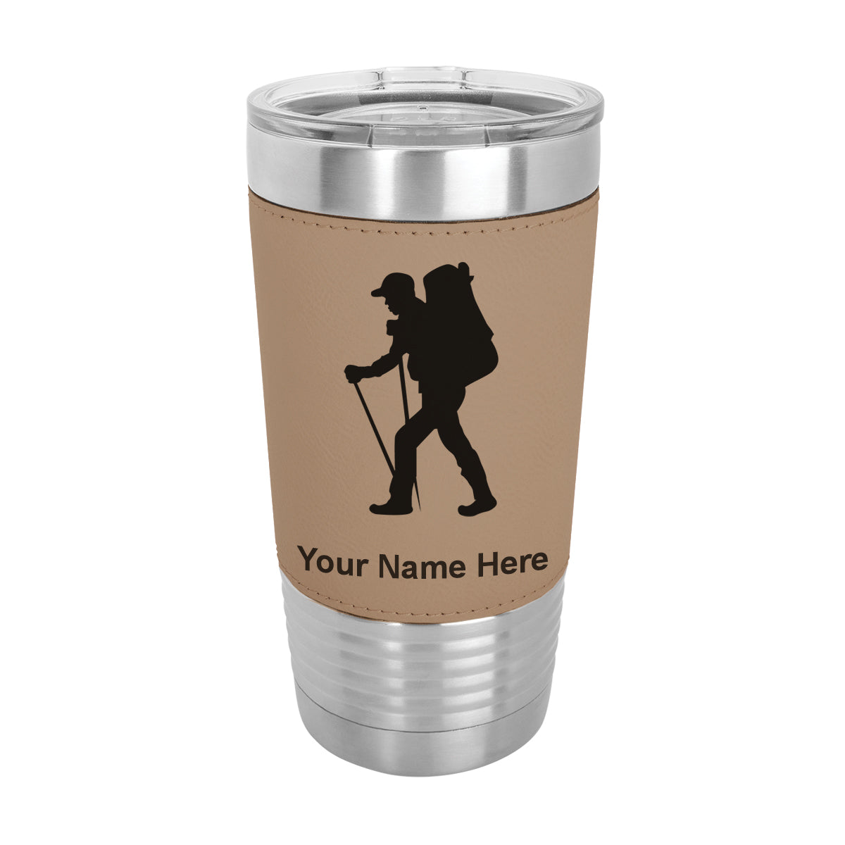 20oz Faux Leather Tumbler Mug, Hiker Man, Personalized Engraving Included - LaserGram Custom Engraved Gifts