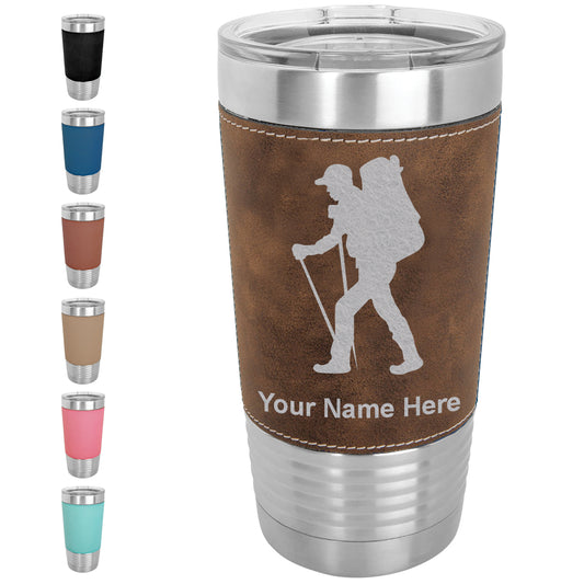 20oz Faux Leather Tumbler Mug, Hiker Man, Personalized Engraving Included - LaserGram Custom Engraved Gifts