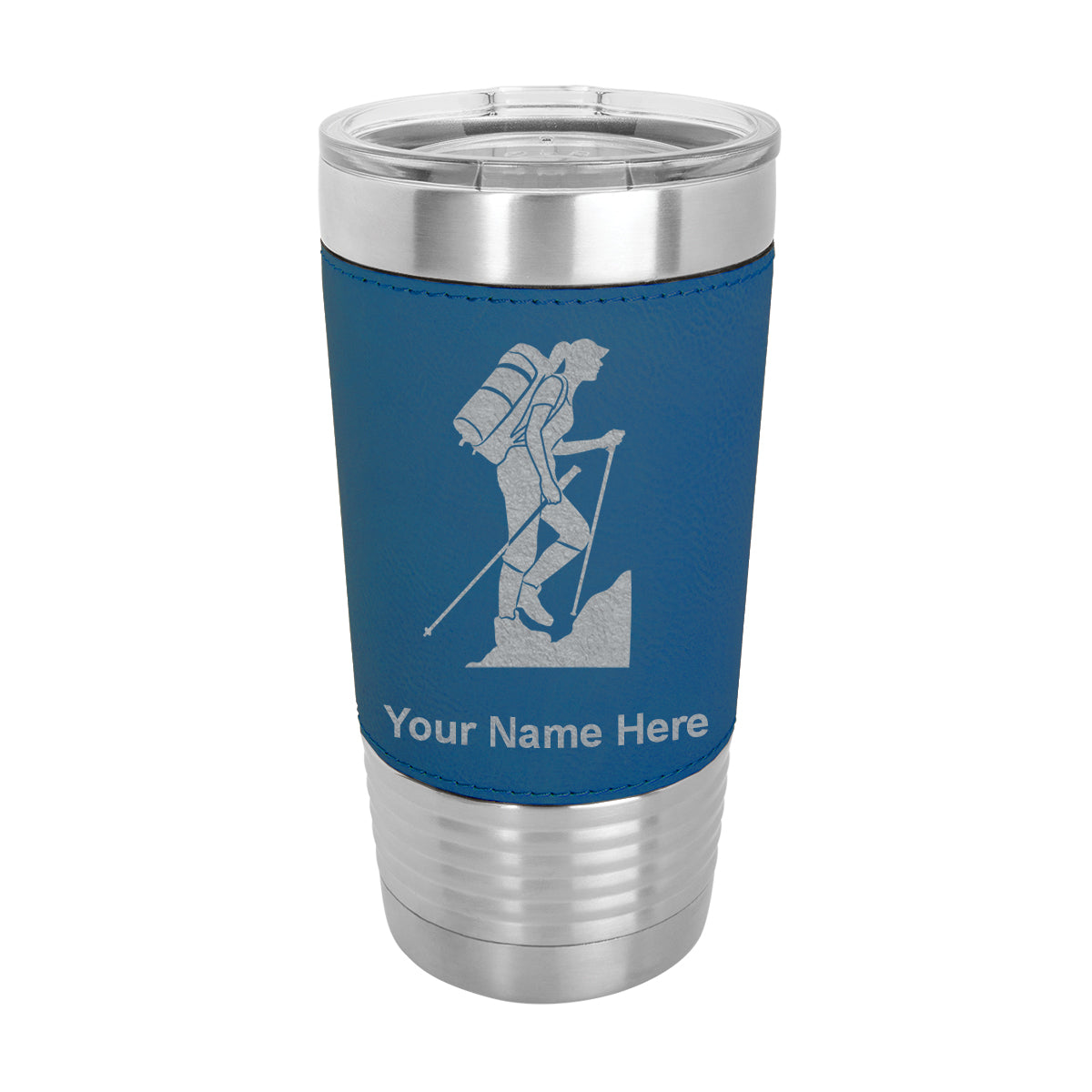 20oz Faux Leather Tumbler Mug, Hiker Woman, Personalized Engraving Included - LaserGram Custom Engraved Gifts