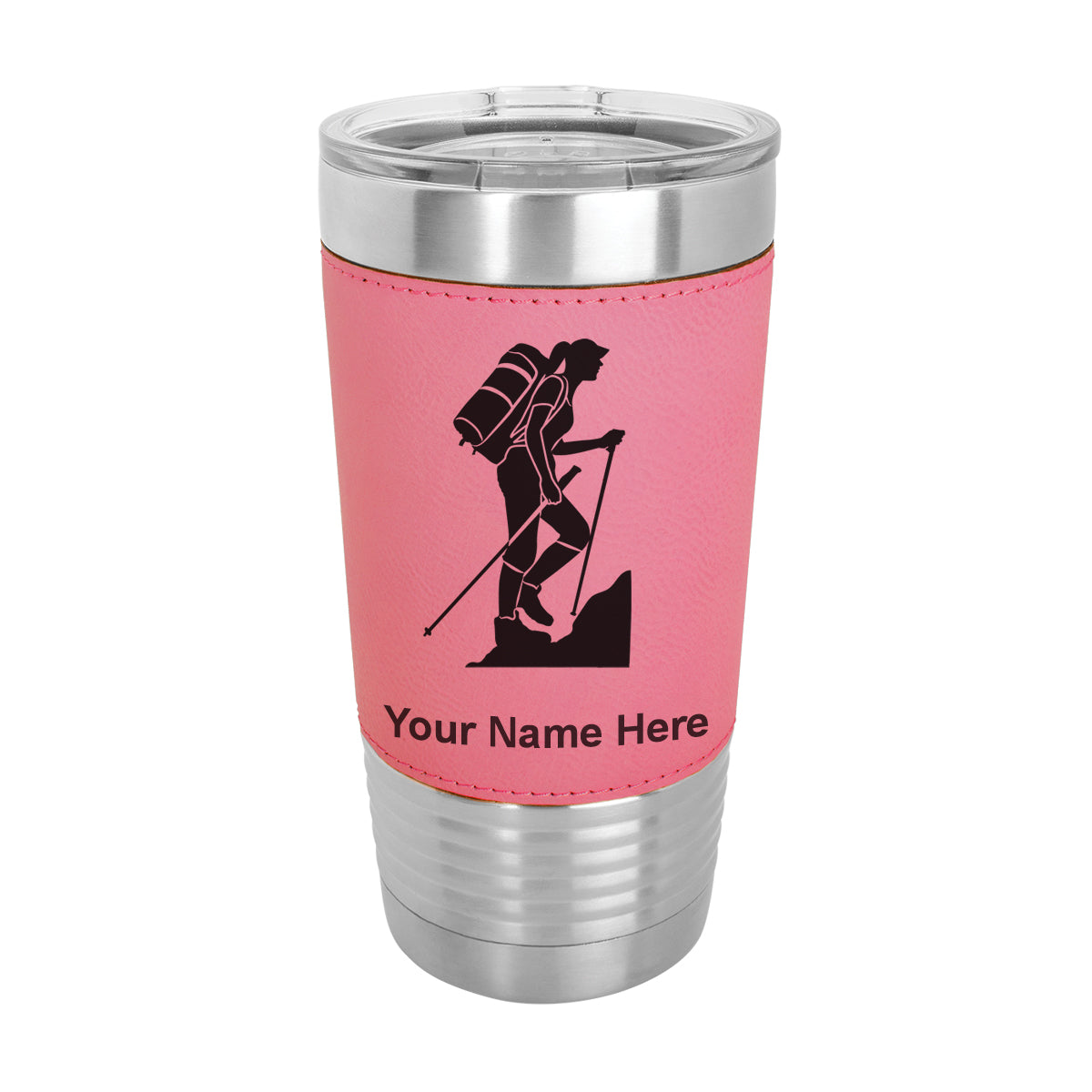 20oz Faux Leather Tumbler Mug, Hiker Woman, Personalized Engraving Included - LaserGram Custom Engraved Gifts