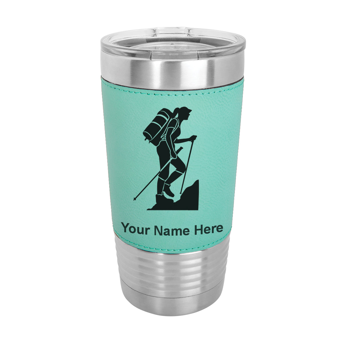 20oz Faux Leather Tumbler Mug, Hiker Woman, Personalized Engraving Included - LaserGram Custom Engraved Gifts