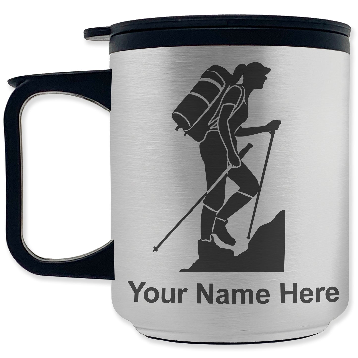 Coffee Travel Mug, Hiker Woman, Personalized Engraving Included